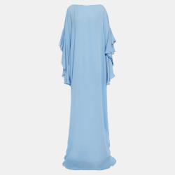 Pre Owned Oscar De La Renta Blue Silk Oversized Flared Sleeves Gown L