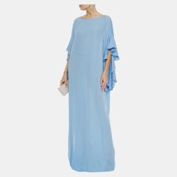 Pre Owned Oscar De La Renta Blue Silk Oversized Flared Sleeves Gown L