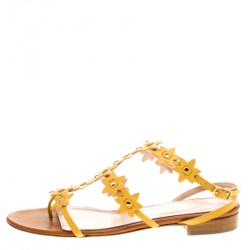 Pre Owned Oscar de la Renta Yellow Floral Jenisa Ankle Strap Flat Sandals Size 37