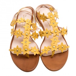 Pre Owned Oscar de la Renta Yellow Floral Jenisa Ankle Strap Flat Sandals Size 37