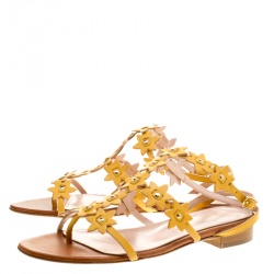 Pre Owned Oscar de la Renta Yellow Floral Jenisa Ankle Strap Flat Sandals Size 37