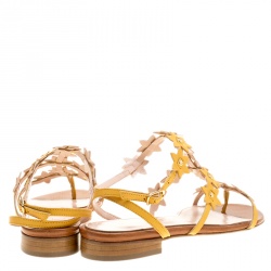 Pre Owned Oscar de la Renta Yellow Floral Jenisa Ankle Strap Flat Sandals Size 37