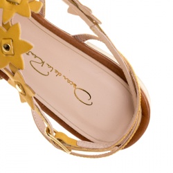 Pre Owned Oscar de la Renta Yellow Floral Jenisa Ankle Strap Flat Sandals Size 37