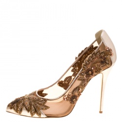 Pre Owned Oscar de la Renta Metallic Bronze Leather and Mesh Alyssa Embellished Pointed Toe Pumps Size 40