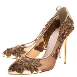 Pre Owned Oscar de la Renta Metallic Bronze Leather and Mesh Alyssa Embellished Pointed Toe Pumps Size 40