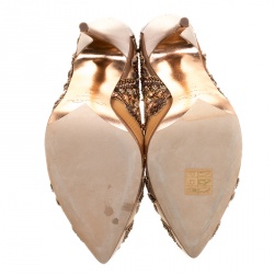 Pre Owned Oscar de la Renta Metallic Bronze Leather and Mesh Alyssa Embellished Pointed Toe Pumps Size 40