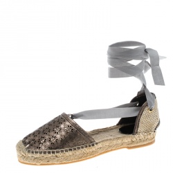 Pre Owned Oscar de la Renta Metallic Anthracite Laser Cut Leather Adriana Espadrille Flat Sandals Size 40