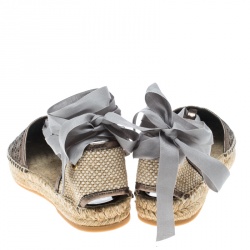 Pre Owned Oscar de la Renta Metallic Anthracite Laser Cut Leather Adriana Espadrille Flat Sandals Size 40