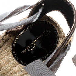 Pre Owned Oscar de la Renta Metallic Anthracite Laser Cut Leather Adriana Espadrille Flat Sandals Size 40