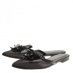 Pre Owned Oscar de la Renta Black Mesh Embellished Flat Slides Size 37