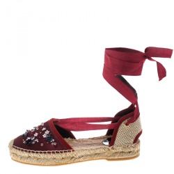 Pre Owned Oscar de la Renta Burgundy Satin Adriana Embellished Flat Espadrilles Size 39