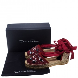 Pre Owned Oscar de la Renta Burgundy Satin Adriana Embellished Flat Espadrilles Size 39