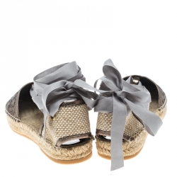 Pre Owned Oscar de la Renta Metallic Anthracite Laser Cut Leather Adriana Espadrille Flat Sandals Size 39