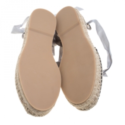 Pre Owned Oscar de la Renta Metallic Anthracite Laser Cut Leather Adriana Espadrille Flat Sandals Size 39