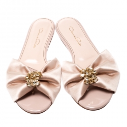 Pre Owned Oscar de la Renta Pink Satin Mia Crystal Embellished Flat Slides Size 38