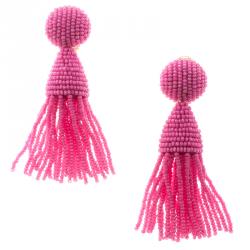 Pre Owned أقراط اوسكار دي لا رينتا كليب اون شراشيب خرز وردي