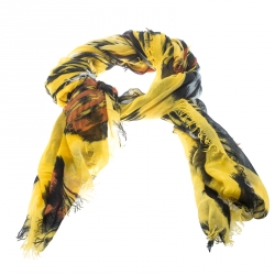 مملوكة مسبقًا Oscar de la Renta Yellow Ikat Motif Printed Fringed Edge Scarf 