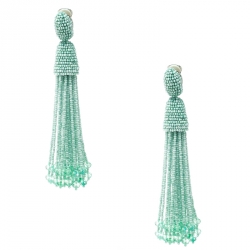 Pre Owned Oscar De La Renta Sea Green Beaded Tassel Long Clip-on Earrings