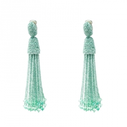 Pre Owned Oscar De La Renta Sea Green Beaded Tassel Long Clip-on Earrings