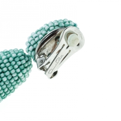 Pre Owned Oscar De La Renta Sea Green Beaded Tassel Long Clip-on Earrings