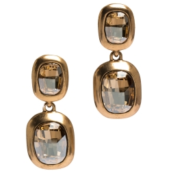 Pre Owned Oscar de la Renta Crystal Bronze Tone Clip-on Drop Earrings