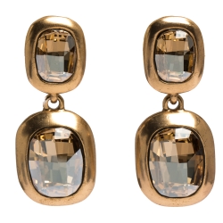 Pre Owned Oscar de la Renta Crystal Bronze Tone Clip-on Drop Earrings