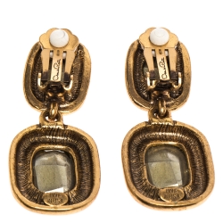 Pre Owned Oscar de la Renta Crystal Bronze Tone Clip-on Drop Earrings