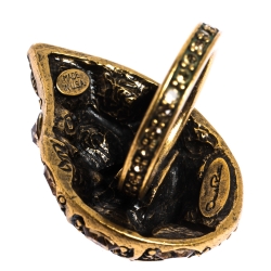 Pre Owned Oscar de la Renta Crystal Embellished Gold Tone Clip-on Drop Earrings & Ring Set