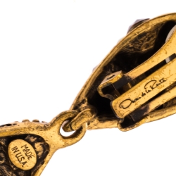 Pre Owned Oscar de la Renta Crystal Embellished Gold Tone Clip-on Drop Earrings & Ring Set