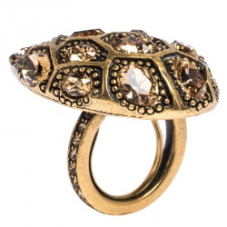 Pre Owned Oscar de la Renta Crystal Embellished Gold Tone Clip-on Drop Earrings & Ring Set