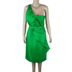 Pre Owned Oscar de la Renta Green Kelly Basketweave Silk-gazar Dress M