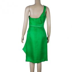 Pre Owned Oscar de la Renta Green Kelly Basketweave Silk-gazar Dress M