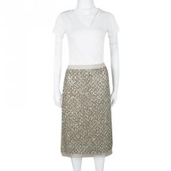 Pre Owned Oscar De La Renta Beige Embellished Silk Organza Pencil Skirt L