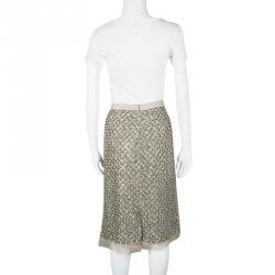 Pre Owned Oscar De La Renta Beige Embellished Silk Organza Pencil Skirt L