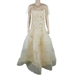 مملوكة مسبقًا Oscar de la Renta Gold Tulle Embroidered Dress L