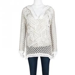 Pre Owned Oscar De La Renta Brown and White Chunky Crochet Knit Long Sleeve Blouse L
