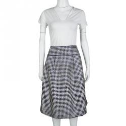 Pre Owned Oscar de la Renta Blue and White Diamond and Dot Print Skirt MTO