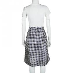 Pre Owned Oscar de la Renta Blue and White Diamond and Dot Print Skirt MTO