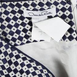 Pre Owned Oscar de la Renta Blue and White Diamond and Dot Print Skirt MTO