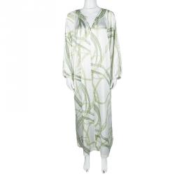 Pre Owned Oscar De La Renta White and Green Printed Embroidered Neck Kaftan L