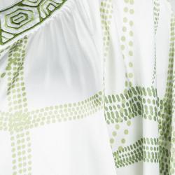 Pre Owned Oscar De La Renta White and Green Printed Embroidered Neck Kaftan L