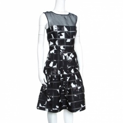 Pre Owned Oscar de la Renta Monochrome Mosaic Patterned Sheer Bodice Dress M