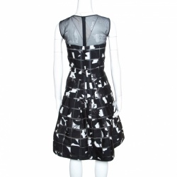 Pre Owned Oscar de la Renta Monochrome Mosaic Patterned Sheer Bodice Dress M