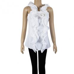 مملوكة مسبقًا Oscar De La Renta White Silk Ruffled Blouse M