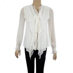 Pre Owned Oscar de la Renta White Front Ruffle Chiffon Top S