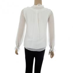 Pre Owned Oscar de la Renta White Front Ruffle Chiffon Top S