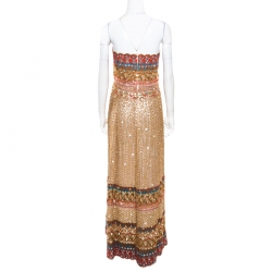 Pre Owned Oscar de la Renta Multicolor Embroidered Sequin Embellished Strapless Gown L