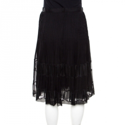 Pre Owned Oscar de la Renta Black Pleated Silk Lace Insert Skirt L
