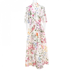 Pre Owned Osca De La Renta White Floral Printed Belted Maxi Dress L