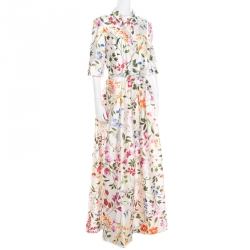 Pre Owned Osca De La Renta White Floral Printed Belted Maxi Dress L